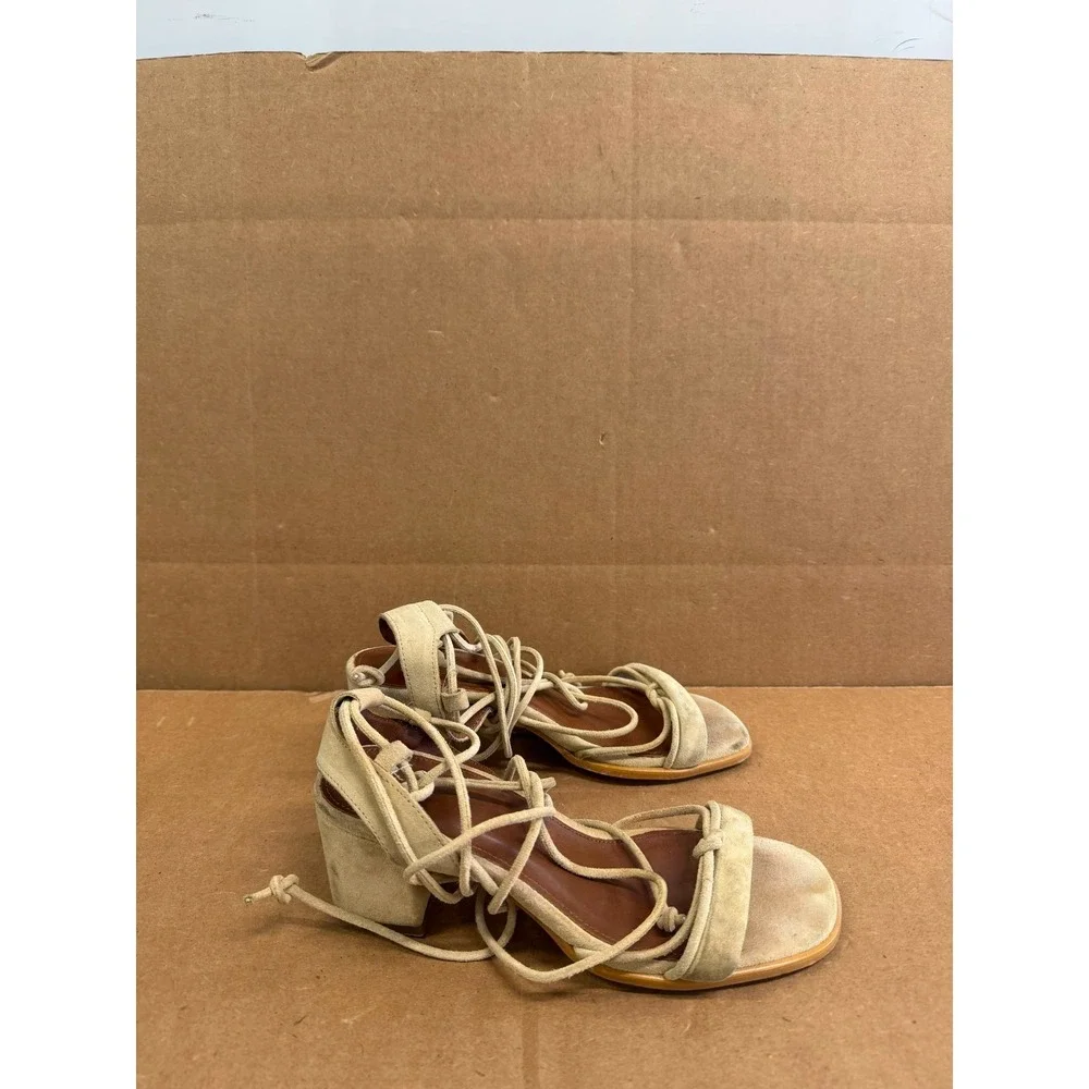 Alohas Sophie Suede Leather Block Heel Strappy Sandals Beige Womens Size 36 EU
